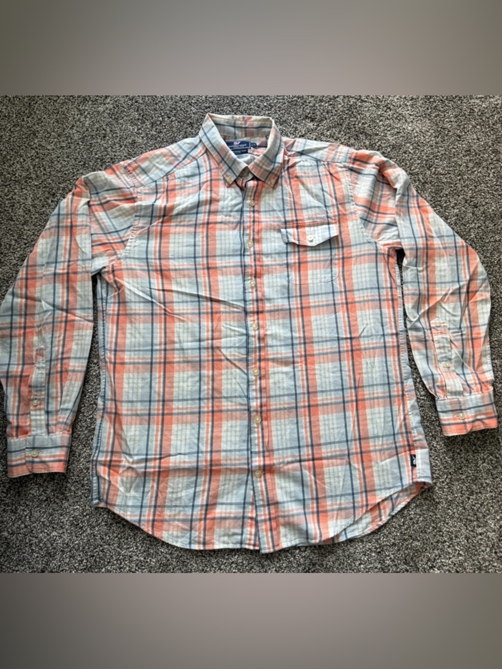 Vineyard Vines Men's Coral and Light Blue Plaid Button-Down Shirt